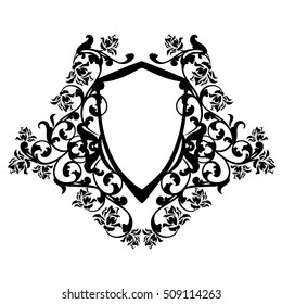 Heraldic Shield Among Rose Flowers - Black And White Vector Design