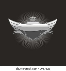 An heraldic shield or badge  with banner  , blank so you can add your own images. Black background  . Vector illustration.