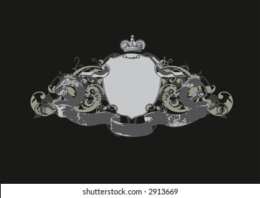 An heraldic shield or badge, blank so you can add your own images . Vector illustration.  Black  background  .