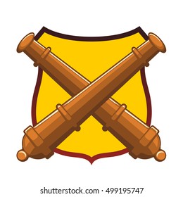 Heraldic shield with cannon guns. Vector flat Illustration. Web banners, advertisements, brochures, business templates. Isolated on a white background.