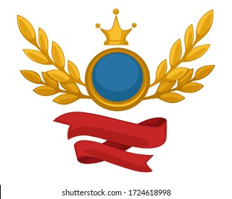 Heraldic shield with copy space, isolated banner with red stripe for text announcement. Golden crown and spikes or foliage decoration. Icon of reward or label quality of product, vector in flat