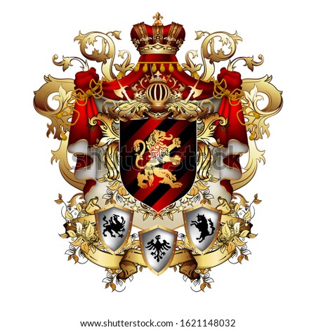 Heraldic shield with a crown and  red mantle, richly ornamented, on a white background. High detailed realistic illustration