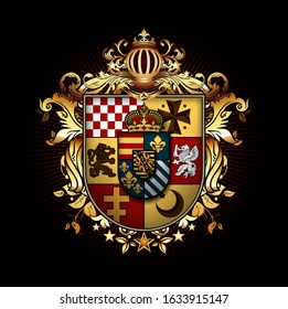 Heraldic shield with a crown, richly ornamented, on a black background. 3D vector. High detailed realistic illustration