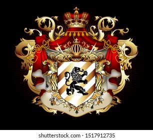 Heraldic shield with a crown and royal mantle, richly ornamented, on a black background.  3D vector. High detailed realistic illustration