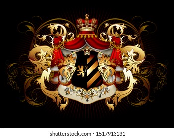 Heraldic shield with a crown and royal mantle, richly ornamented, on a black background.  3D vector. High detailed realistic illustration
