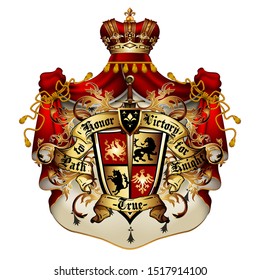 Heraldic shield with a crown and royal mantle, richly ornamented, on a white background.  3D vector. High detailed realistic illustration