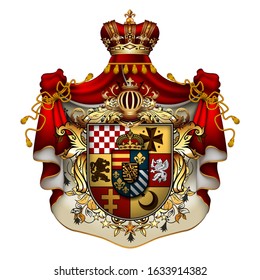 Heraldic shield with a crown and royal mantle, richly ornamented, on a white background.  3D vector. High detailed realistic illustration