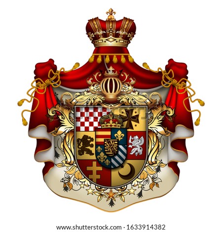 Heraldic shield with a crown and royal mantle, richly ornamented, on a white background.  3D vector. High detailed realistic illustration