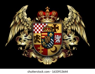 Heraldic shield with a crown and wings  on a black background. High detailed realistic illustration