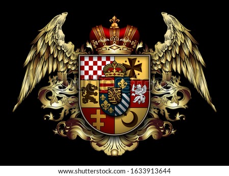 Heraldic shield with a crown and wings  on a black background. High detailed realistic illustration