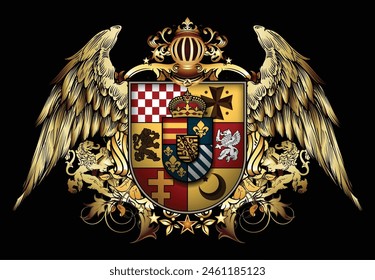 Heraldic shield with a crown and wings, richly ornamented, on a black background. Can be used as a print. Realistic illustration