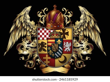 Heraldic shield with a crown and wings, richly ornamented, on a black background. Can be a print. Realistic illustration