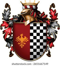 Escudo heráldico decorado com uma coroa e capacete, ricamente ornamentado, sobre um fundo branco. Ilustração realista detalhada e alta