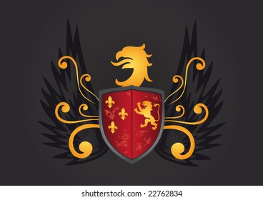 Heraldic shield with eagle, wings, fleur de lis and lion.