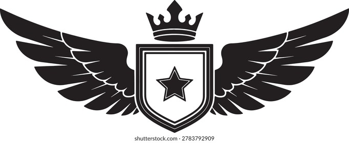 Heraldic shield emblem featuring central star and royal crown flanked by large eagle wings isolated on transparent background. Iconic badge design for luxury branding or military logos.