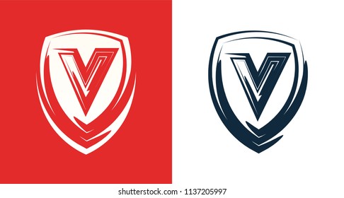 Heraldic shield emblem with letter V. Clipart for Company or Club with same suitable Name. Vector illustration isolated on white and light version on red background.