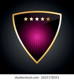  heraldic shield with a golden border and a glossy surface with a gradient from dark purple to pink in the center, with divergent rays creating a radiant effect

