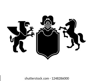 Heraldic Shield Griffin and horse and Knight Helmet. Fantastic Beasts. Template heraldry design element. Coat of arms of royal family
