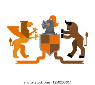 Heraldic Shield Griffin and Minotaur and Knight Helmet. Fantastic Beasts. Template heraldry design element. Coat of arms of royal family
