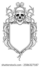 Heraldic shield with human skull and floral decoration