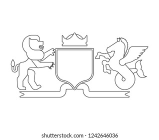 Heraldic Shield Lion and Hippocampus and Knight Helmet. Fantastic Beasts. Template heraldry design element. Coat of arms of royal family
