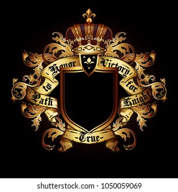 Heraldic shield on the background of exquisite decor.  Highly realistic illustration.