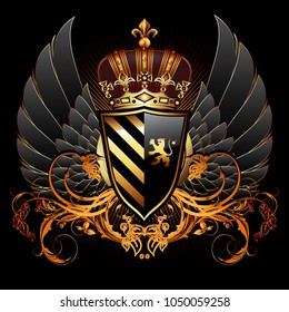 Heraldic shield on the background of exquisite decor.  Highly realistic illustration.