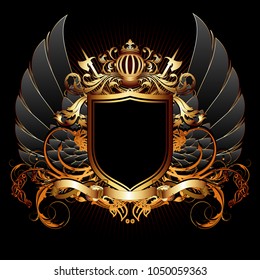 Heraldic shield on the background of exquisite decor.  Highly realistic illustration.