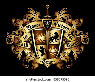 heraldic shield on the background of exquisite decor