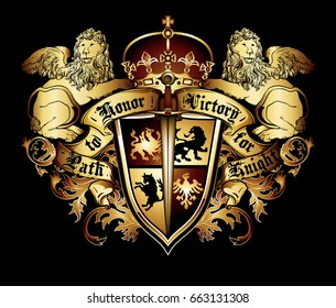 heraldic shield on the background of exquisite decor