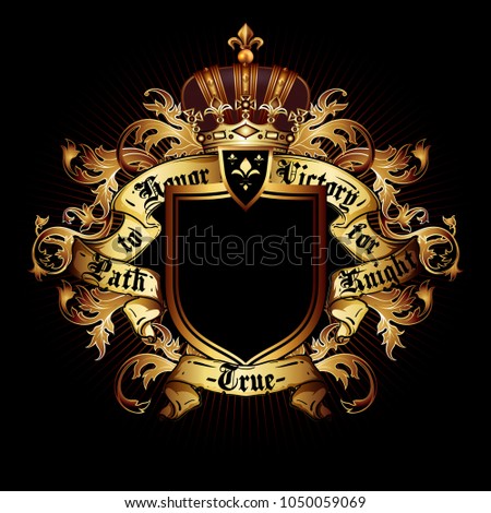 Heraldic shield on the background of exquisite decor.  Highly realistic illustration.