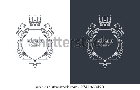 Heraldic Shield with Roaring Lions and Crown. Art Logo Design In Monochrome Colors. Elegant Majestic Emblem. Decorative Linear Crest with Ornate Details. Vector Illustration