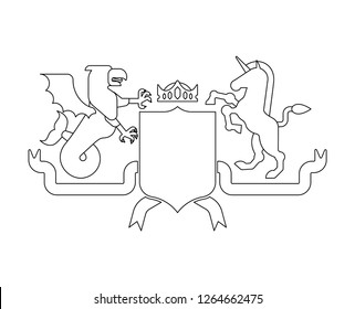 Heraldic Shield Sea Griffin and Unicorn and Knight Helmet. Fantastic Beasts. Template heraldry design element. Coat of arms of royal family
