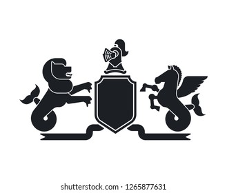 Heraldic Shield Sea lion and sea pegasus and Knight Helmet. Fantastic Beasts. Template heraldry design element. Coat of arms of royal family

