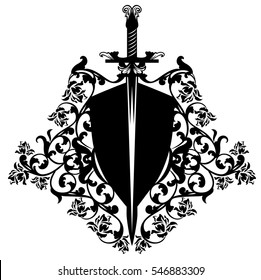 heraldic shield and sword among rose flowers - black and white vector design.