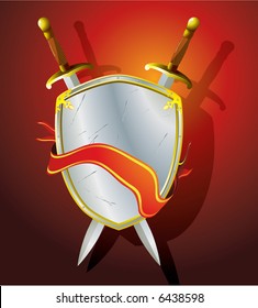 Escudo heráldico, espada e bandeira. Ilustração vetorial.