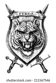 Heraldic Shield Tiger Head, Detailed Hand Drawn Vector