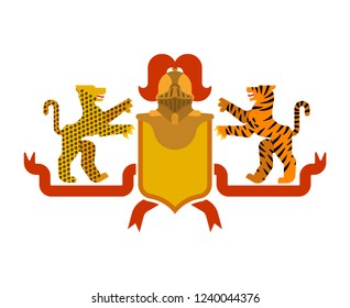 Heraldic Shield Tiger and leopard and Knight Helmet. Fantastic Beasts. Template heraldry design element. Coat of arms of royal family