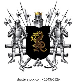 Heraldic shield with two knights with axes on a white background