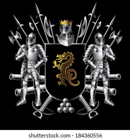 Heraldic shield with two knights with axes on a black background