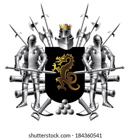 Heraldic shield and two knights with swords on white background