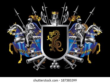 Heraldic shield with two riders in blue on a black background
