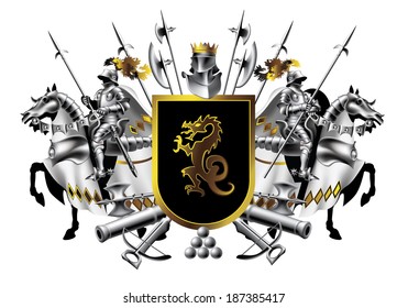 Heraldic shield with two riders on a white background
