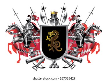 Heraldic shield with two riders in red on a white background