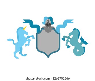 Heraldic Shield Unicorn and Hippocampus and Knight Helmet. Fantastic Beasts. Template heraldry design element. Coat of arms of royal family
