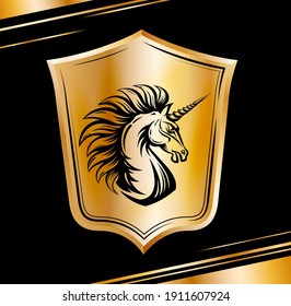 Heraldic shield with Unicorn horse head. Golden emblem. Fury Magic animal glitter illustration. Vector art for icon, apparel print, insignia, mascot, sport or game team emblem, fairy tale book
