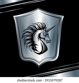 Heraldic shield with Unicorn horse head. Silver emblem. Fury Magic animal glitter illustration. Vector art for icon, apparel print, insignia, mascot, sport or game team emblem, fairy tale book