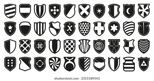 Logo für heraldische Schilde. Armeesicherheit und militärische Abzeichen-Symbole, Spielklans und königliche Armee Einzelsymbol, Schutzkonzept. Vektorzertifikat- und Prämiensymbol-Set. Verschiedene Erfolge