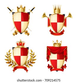 Heraldic shields realistic set with ribbons and crowns isolated vector illustration