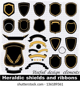 Heraldic shields and ribbons. Vector Set of retro badges, labels, ribbons and design elements.